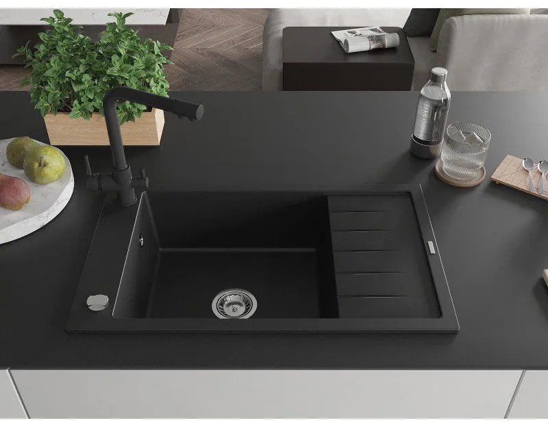 Mexen Elias, 1-komorový granitový drez s odkvapkávačom 795x480x200 mm a čierna batéria Duero, čierna, 6511-77-671600-70