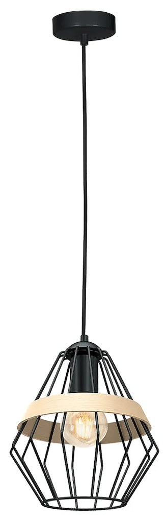 Závesné svietidlo Cliff, 1x drevené/čierne drôtené tienidlo, b