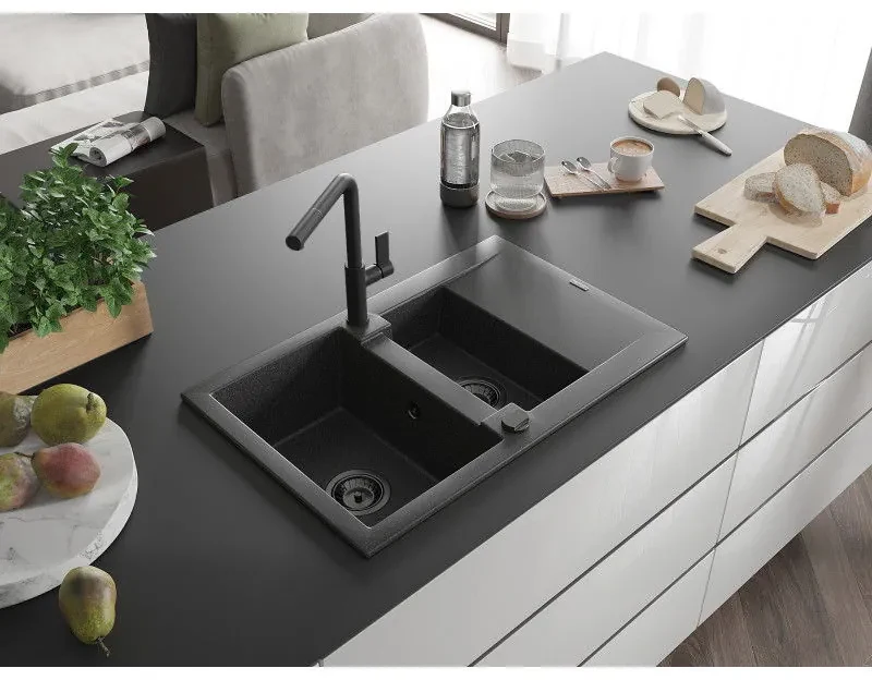 Mexen Gaspar, 1,5-komorový granitový drez 737x475x177 mm a drezová batéria Flora, čierna škvrnitá, 6507-76-670401-70-B