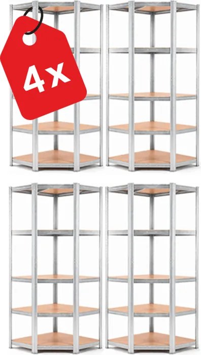 Akcia 4x Regál 180x90x40 cm rohový pozinkovaný 5-polícový, nosnosť 875 kg - 4ks