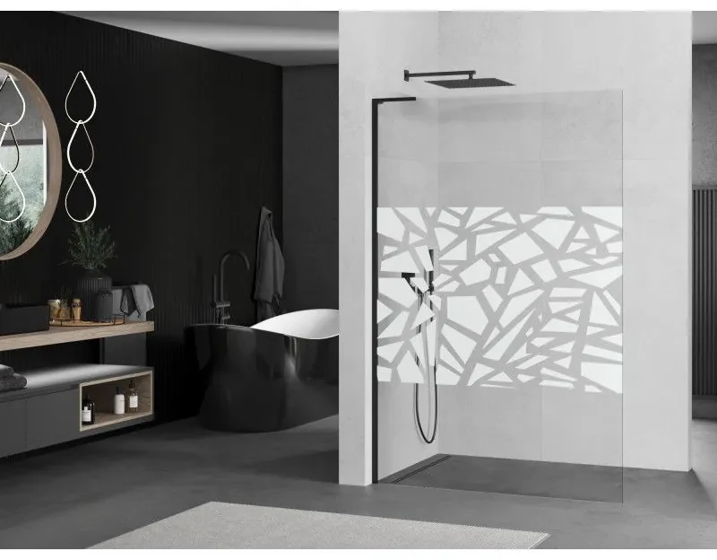 Mexen Kioto L, sprchová zástena Walk-In 110 x 200 cm, 8mm číre sklo biely vzor, čierny profil, 800-110-103-70-85