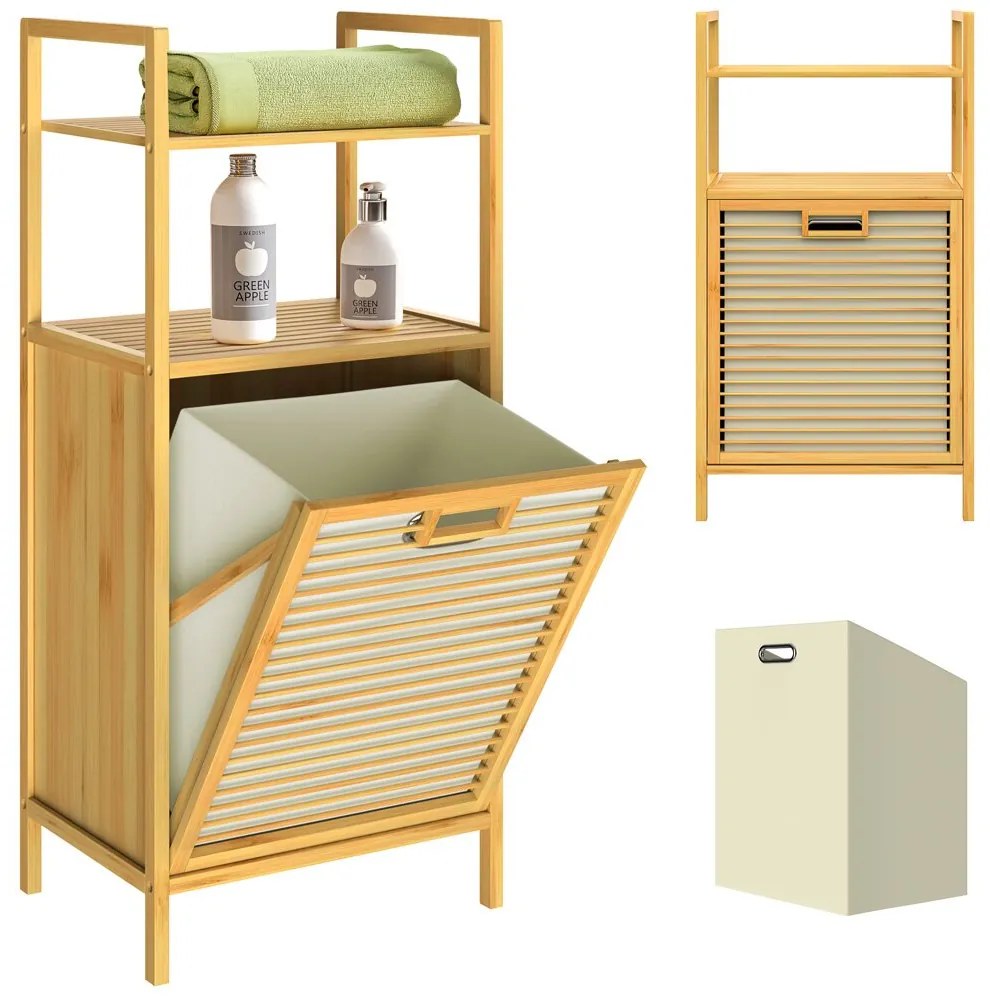 Bambusový regál s košom na bielizeň DORIS,  40x30x95cm, hnedá/krémová Casaria