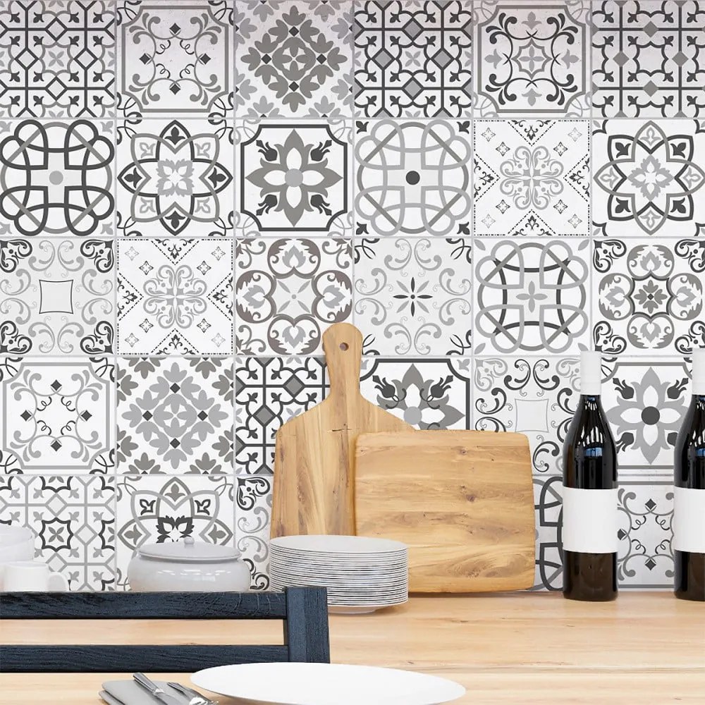 Sada 30 nástenných samolepiek Ambiance Cement Tiles Shade of Gray Bari, 10 × 10 cm