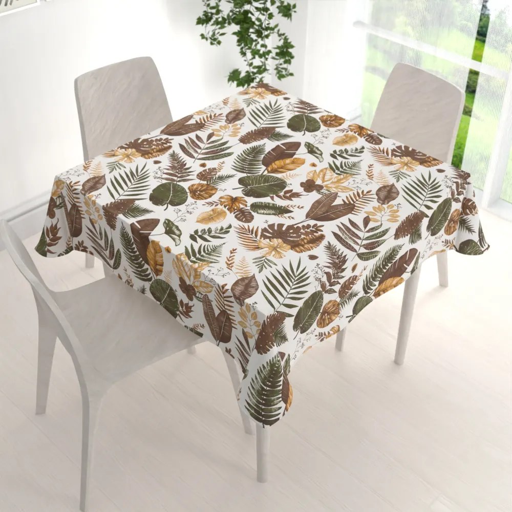 Biante Bavlnený štvorcový obrus Sandra SA-540 Hnedo-zelené listy na bielom 150x150 cm