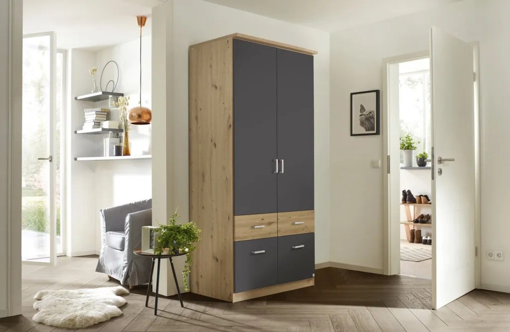 Šatníková skriňa Bremen, 91 cm, dub artisan/tmavo šedá