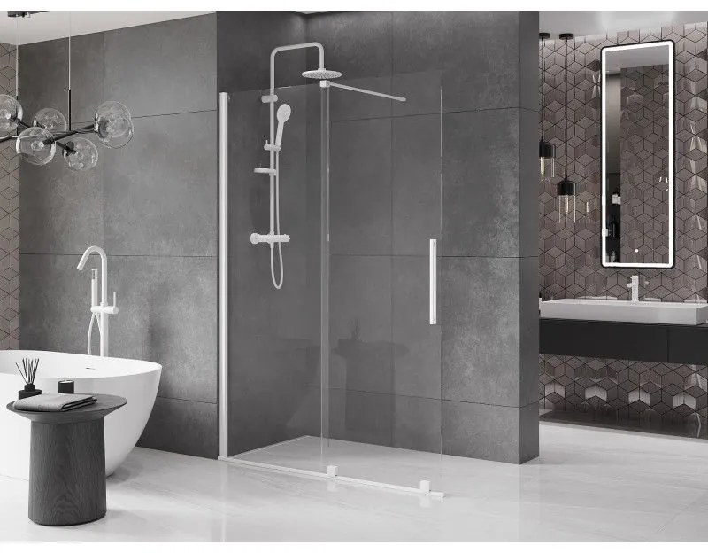 Mexen Velar, posuvné dvere do otvoru typ Walk-In 130 cm, 8mm číre sklo, biela, 871-130-000-03-20