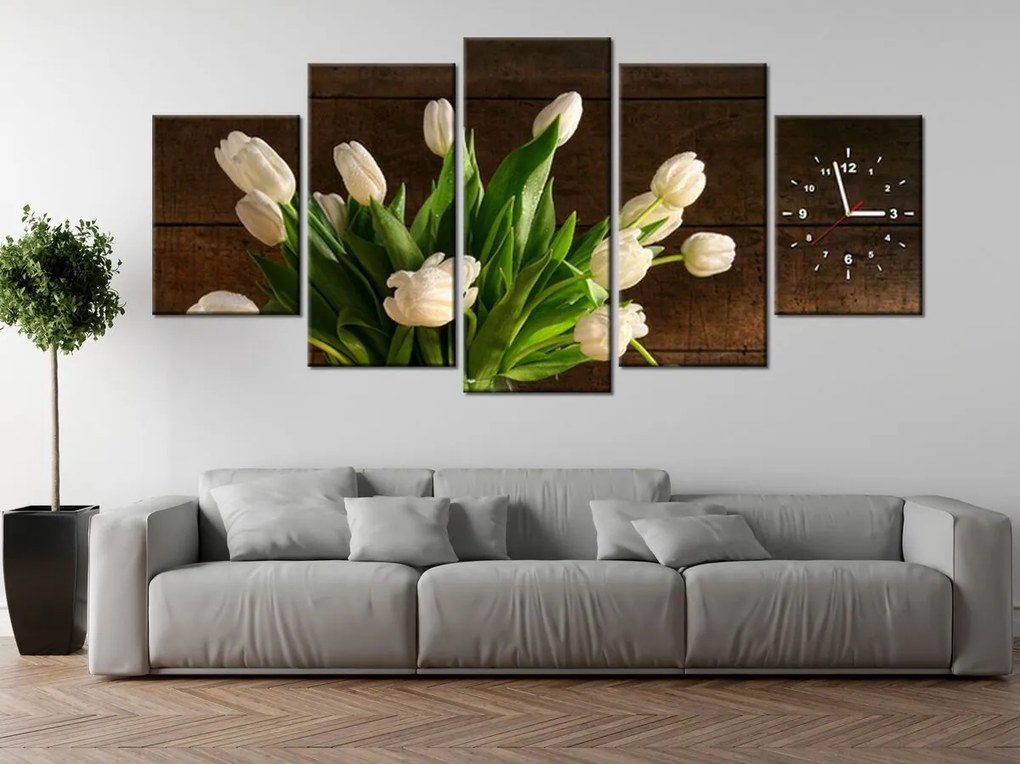 Gario Obraz s hodinami Očarujúce biele tulipány - 5 dielny Rozmery: 150 x 70 cm