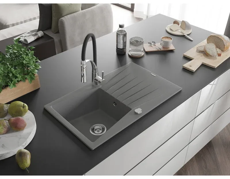 Mexen Cesar, 1-komorový granitový drez 775x470x190 mm a drezová batéria Aster, šedá, 6514-71-73450-07