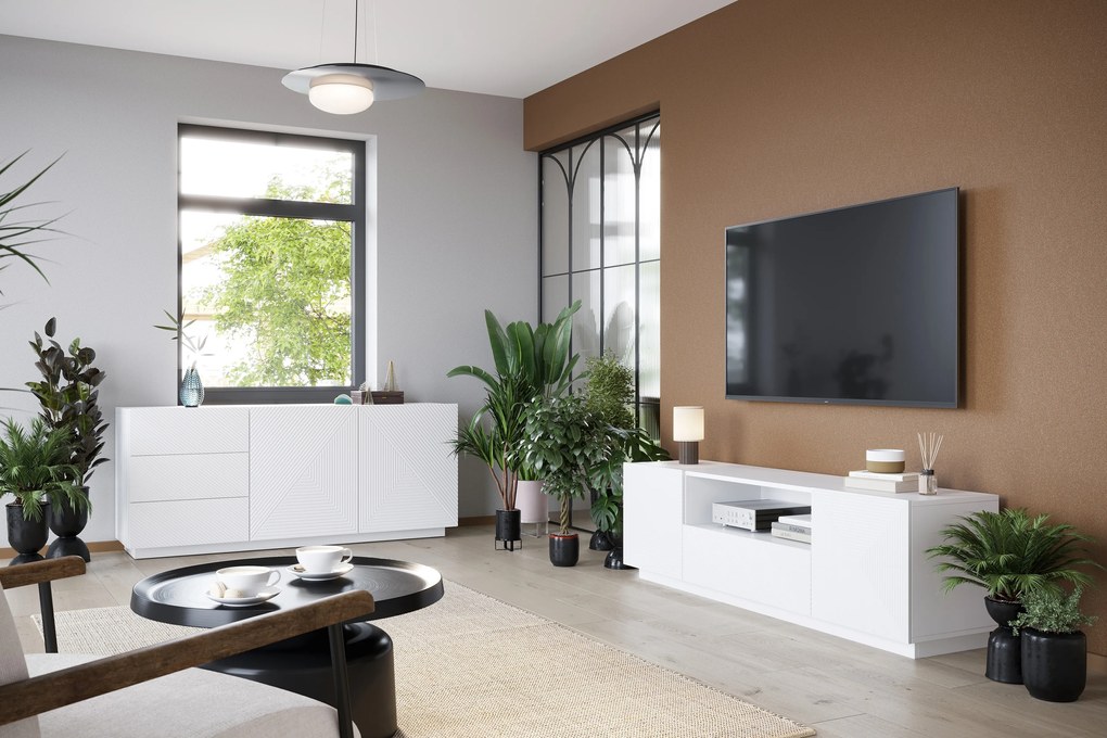 TV stolík Asha 167 cm s otvorenou policou - biely mat