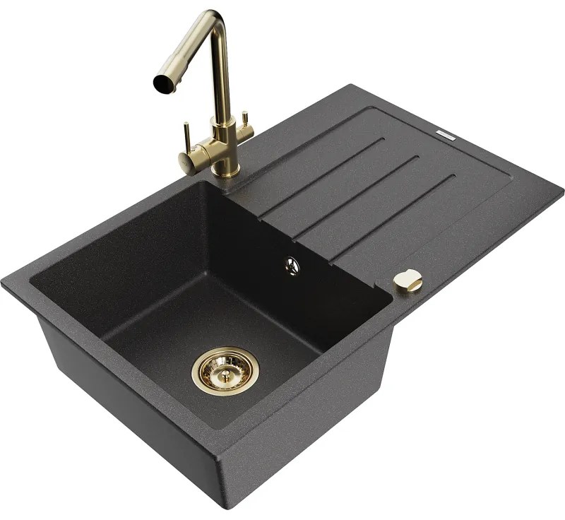 Mexen Bruno, 1-komorový granitový drez s odkvapkávačom 795x495x200 mm a zlatá batéria Duero, čierna škvrnitá, 6513-76-671600-50