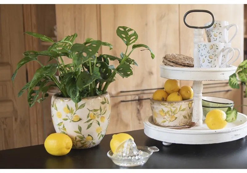 Béžový keramický obal na kvetináč s citrónmi Lemonio S - Ø12*9 cm