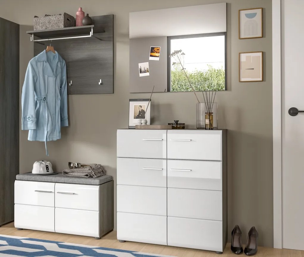 Predsieňová zostava Salsa (4-dielna), sivý dub/biela lesk