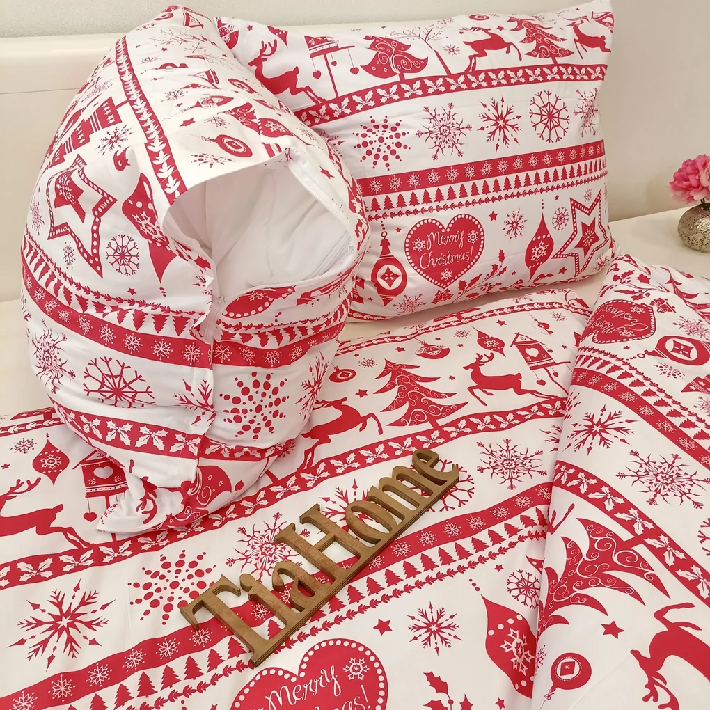 Obliečky bavlnené Vianočné obliečky Christmas červené TiaHome - 1x Vankúš 90x70cm, 1x Paplón 140x200cm