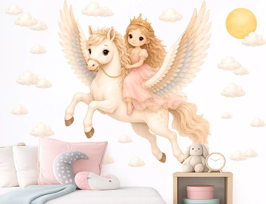 Princezná na Pegasovi nálepky na stenu pre dievčatá hárok 42 x 45 cm