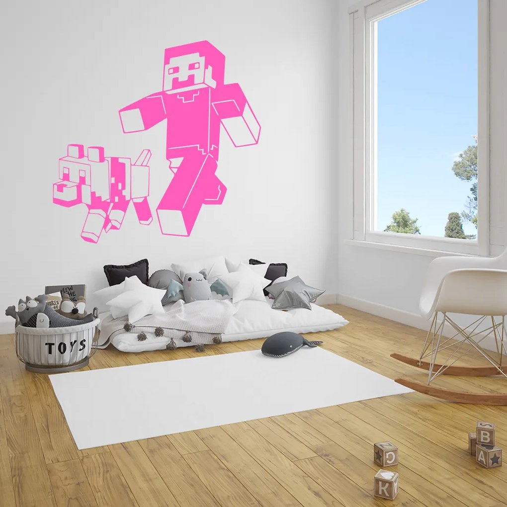 Veselá Stena Samolepka Minecraft so psom Farba: fialová, Veľkosť: 100 x 97 cm