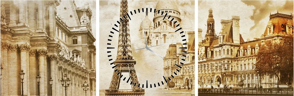 Obraz - Parížske pamiatky (s hodinami) (90x30 cm)