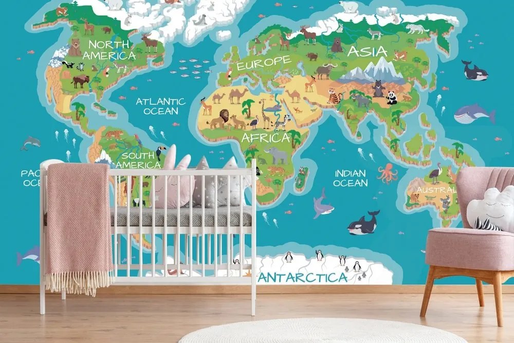 Samolepiaca tapeta zemepisná mapa sveta pre deti - 150x100