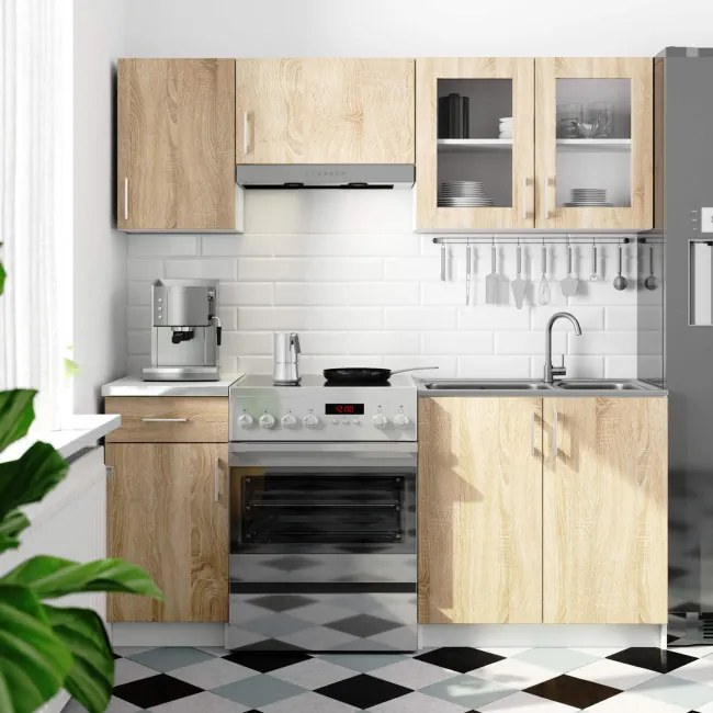 Kuchynská linka LIMA s vitrínou 1.8 m biela / dub sonoma