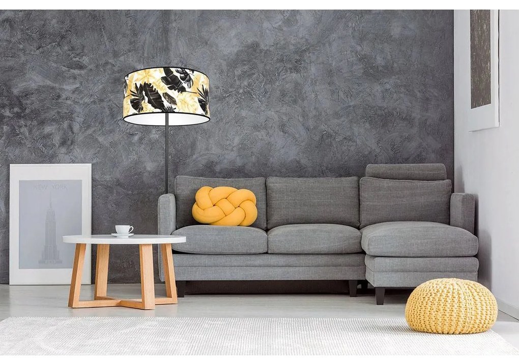 Stojacia lampa Gold Flowers, 1x biele textilné tienidlo s kvetinovým vzorom, (výber z 2 farieb konštrukcie), (fi 40cm), o