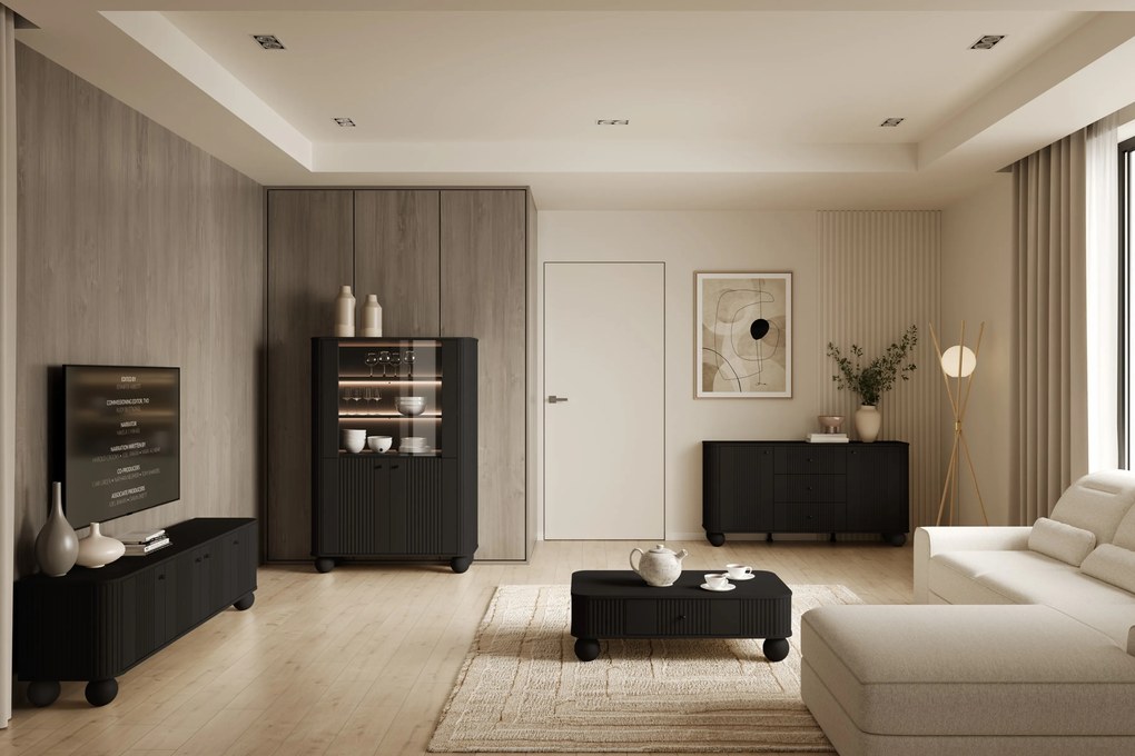 Vitrína Vesper 103 cm - čierna / čierne úchytky / guľové nožičky