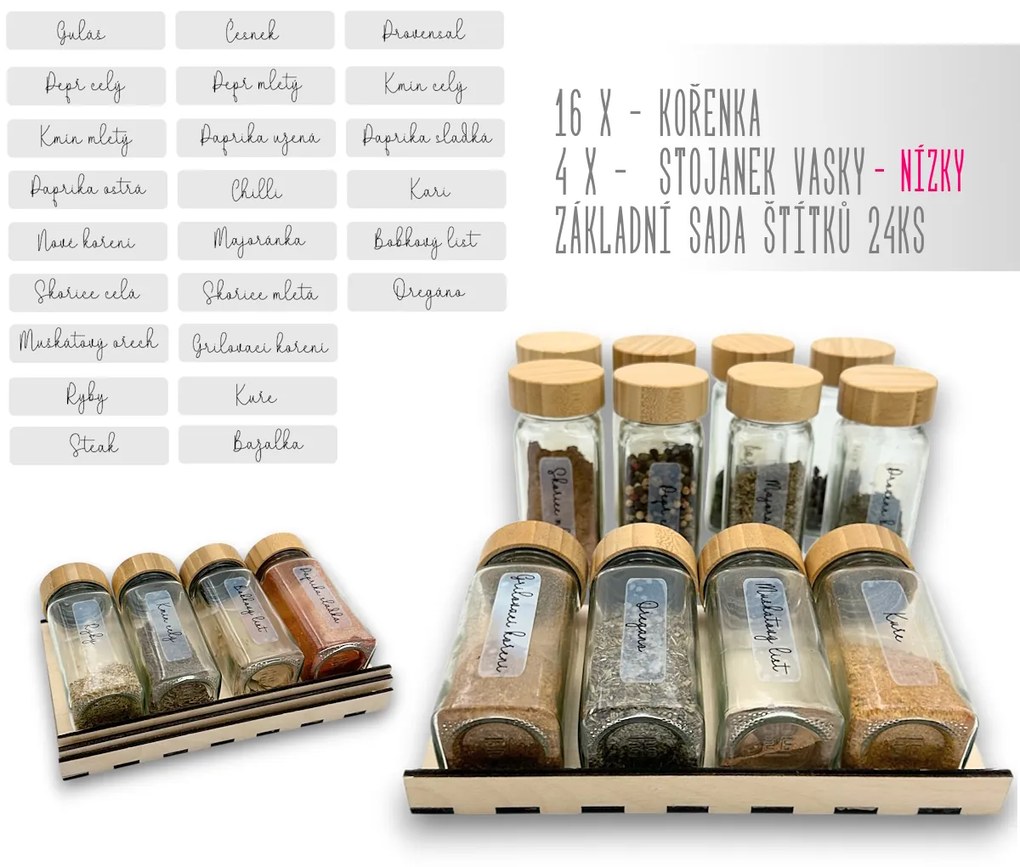 usporadejto.cz Sada 16ks koreničiek s bambusovým viečkom DECOR 120ml + 4ks organizér na koreničky VASKY (nízky) + sada 24ks štítkov