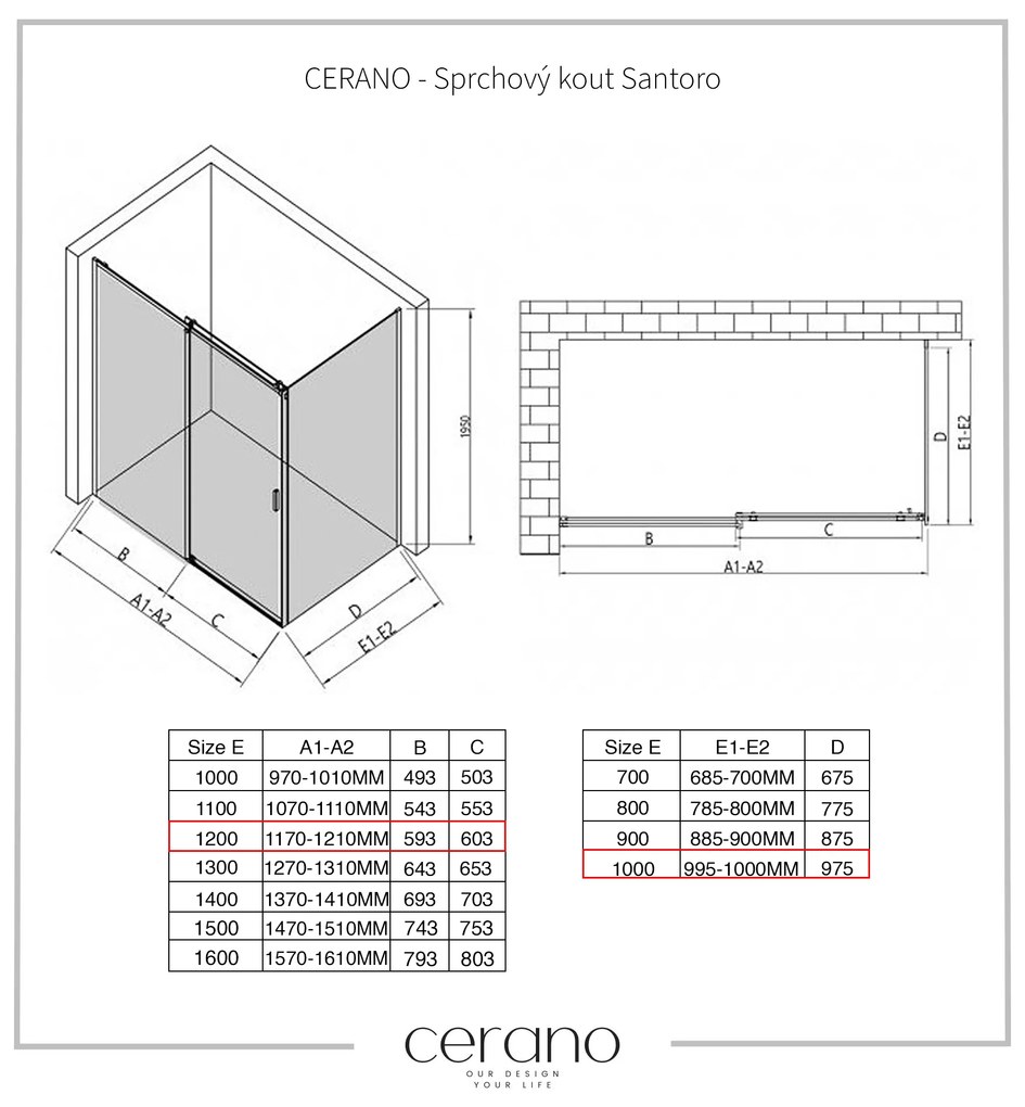 CERANO - Sprchovací kút Santoro Ľ/P - 8 mm - čierna matná, grafitové sklo - 120x100 cm - posuvný, CER-CER-8050BD7297