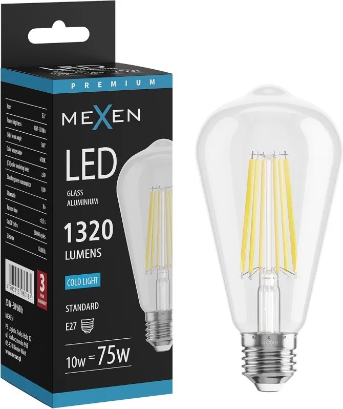 Mexen Vintis, LED filamentová žiarovka E27, ST64, 10 W, studená biela 6500K, číra, L152-E27-1065-00