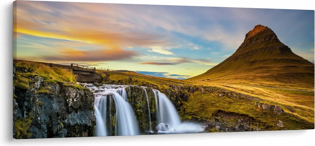 Obraz hory a vodopádov na Islande (120x50 cm)