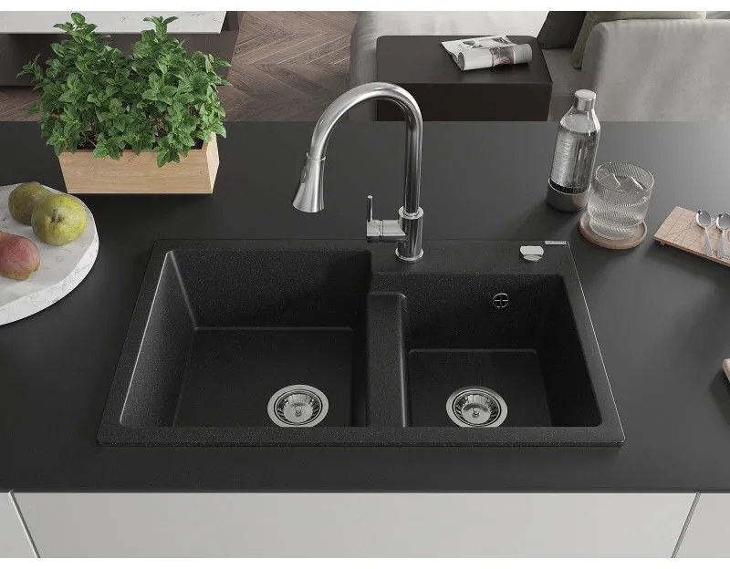Mexen Tomas, 2-komorový granitový drez 800x500x190 mm a drezová batéria Elia, čierna-strieborná metalíza, 6516-73-670101-00