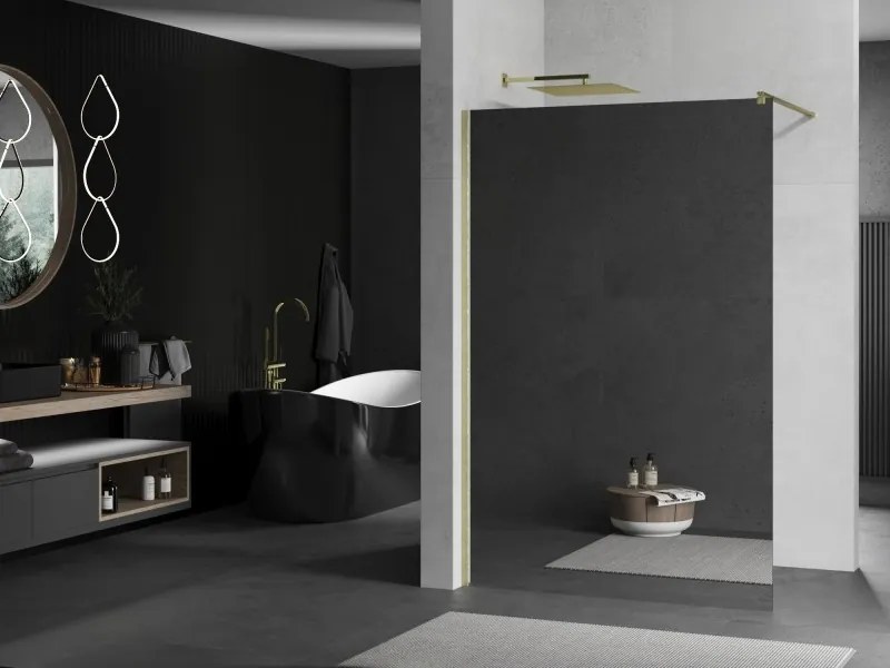 Mexen Kioto, sprchová zástena Walk-In 110 x 200 cm, 8mm sklo vzor zrkadlo, zlatý matný profil, 800-110-101-55-50