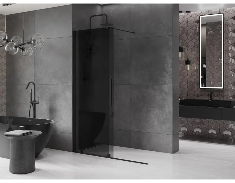 Mexen Velar, sprchová zástena s posuvnými dverami Walk-in 130 x 200 cm, 8mm šedé sklo, čierna matná, 871-130-000-43-70