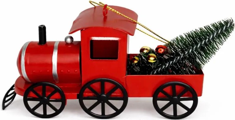 DECOLED Vánoční ozdoba kovová lokomotiva, 15,2 × 4,5 × 8,2 cm, závěsná, červená