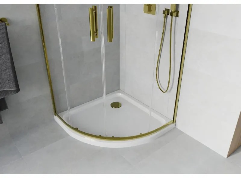Mexen Rio, štvrťkruhový sprchovací kút s posuvnými dverami 90(dvere) x 90(dvere) x 190 cm, 6mm číre sklo, zlatý profil + biela sprchová vanička SLIM, 863-090-090-50-00-4110G