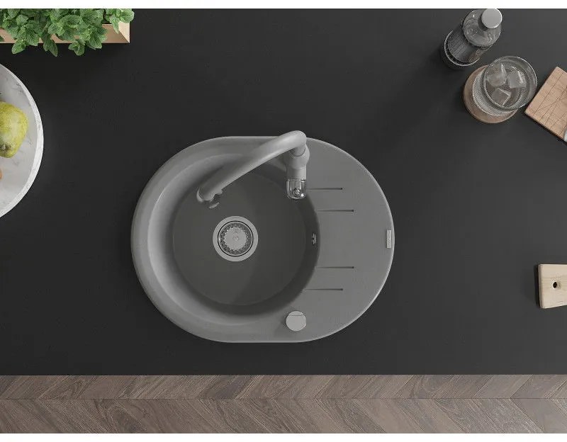 Mexen Kevin, granitový drez 586x458x190 mm, 1-komorový a drezová batéria Savita, šedá, 6517-71-672601-71