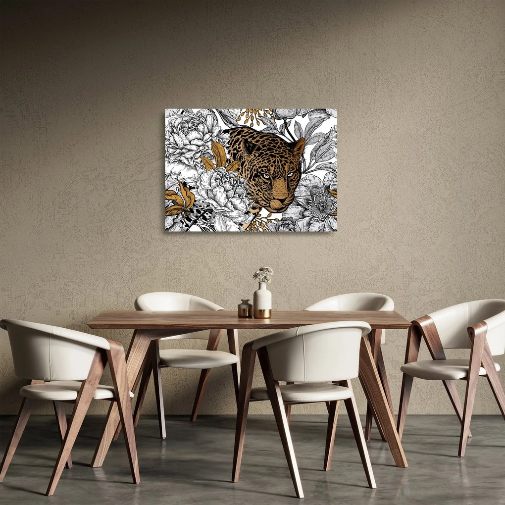 Sklenený obraz - Leopard medzi kvetmi (70x50 cm)