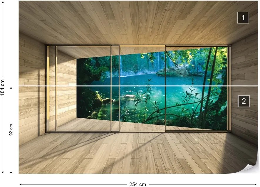 GLIX Fototapeta - Forest Lake 3D Modern Window View Vliesová tapeta  - 254x184 cm