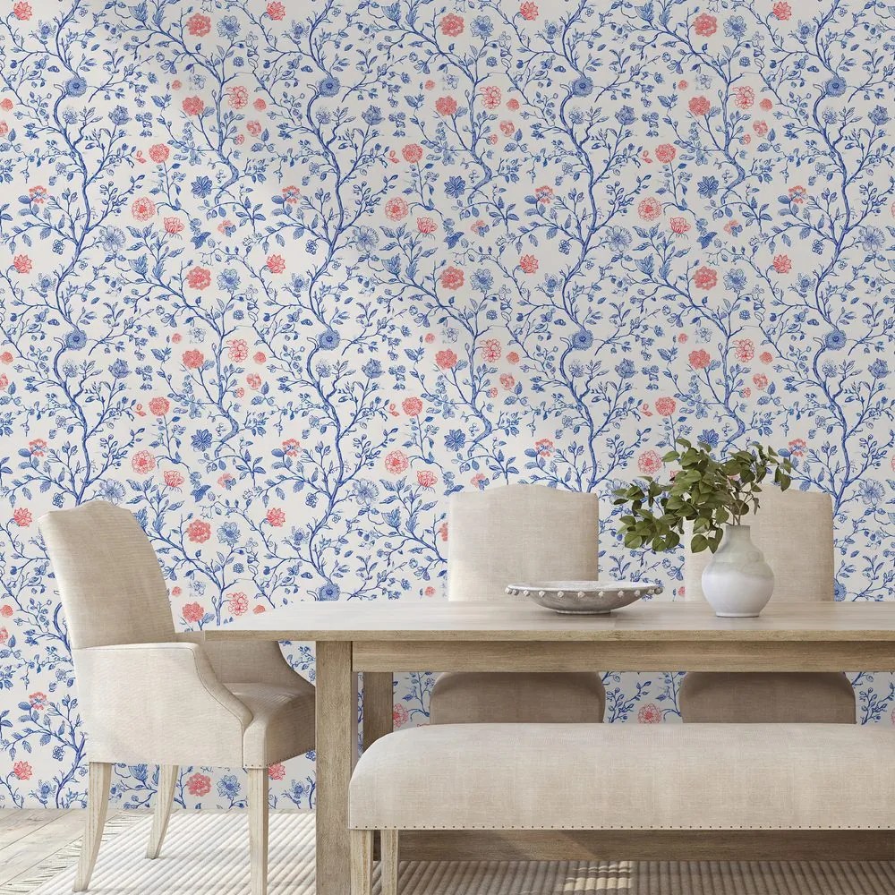 Tapeta modré a ružové kvetinové vetvičky