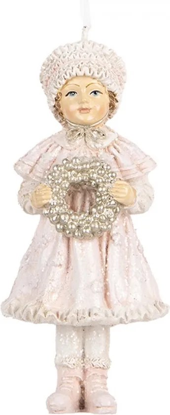 Ružová závesná dekorácia dievčatko držiace venček - 5*5*11 cm