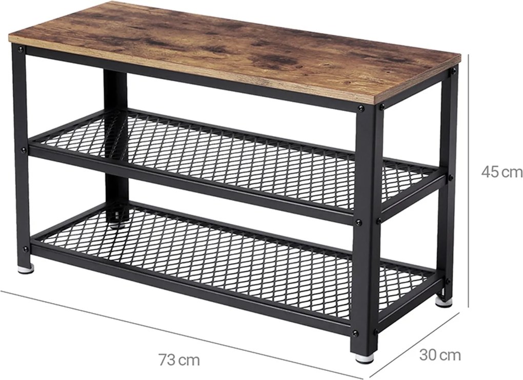 Lavica na topánky s 2 policami, botník s kovovým rámom, rustikálny hnedý
