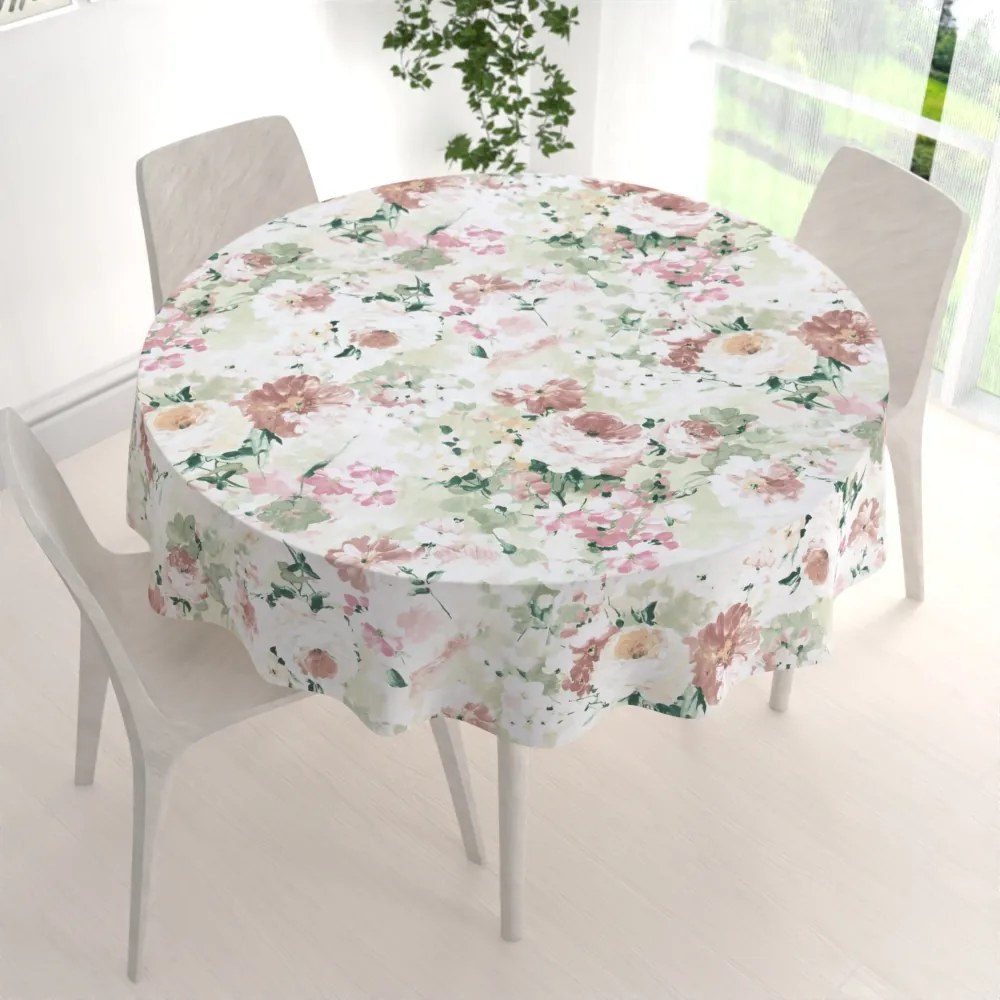 Biante Dekoračný okrúhly obrus PM-018 Maľované kvety na zelenom Ø 140 cm