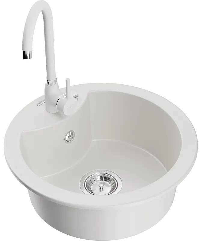 Mexen Diego, 1-komorový granitový drez 49x49 cm a kuchynská batéria Telma, biela, 6512-20-670200-20