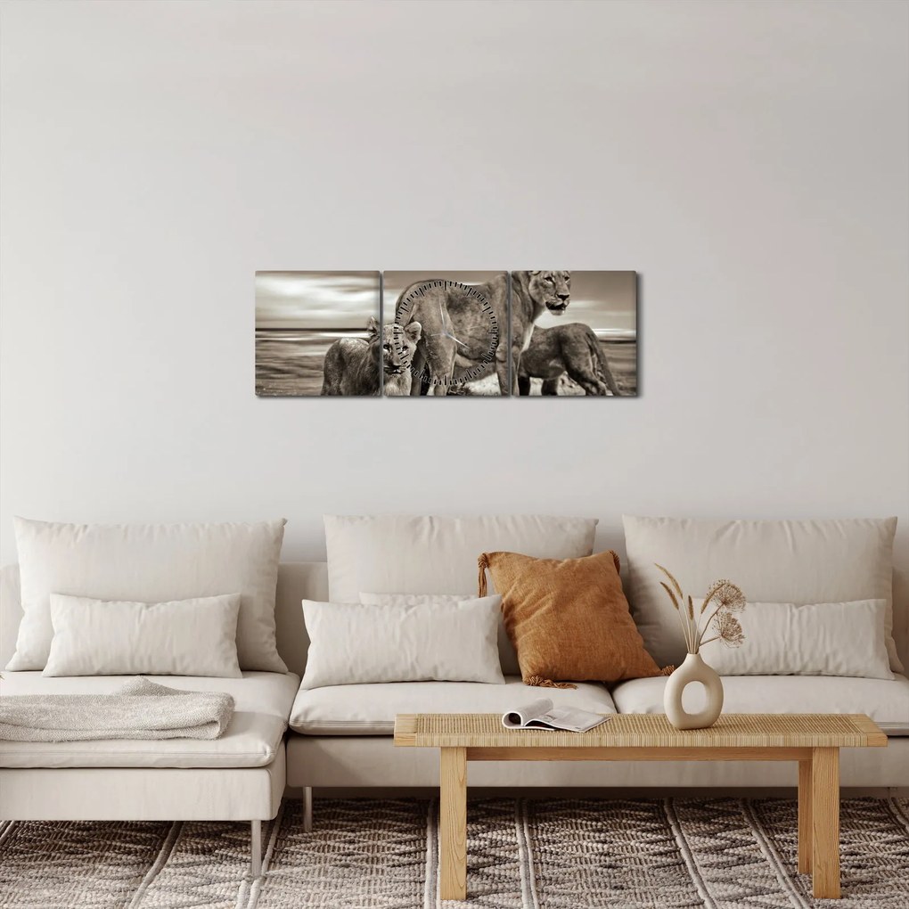 Obraz čiernobielych levov (s hodinami) (90x30 cm)