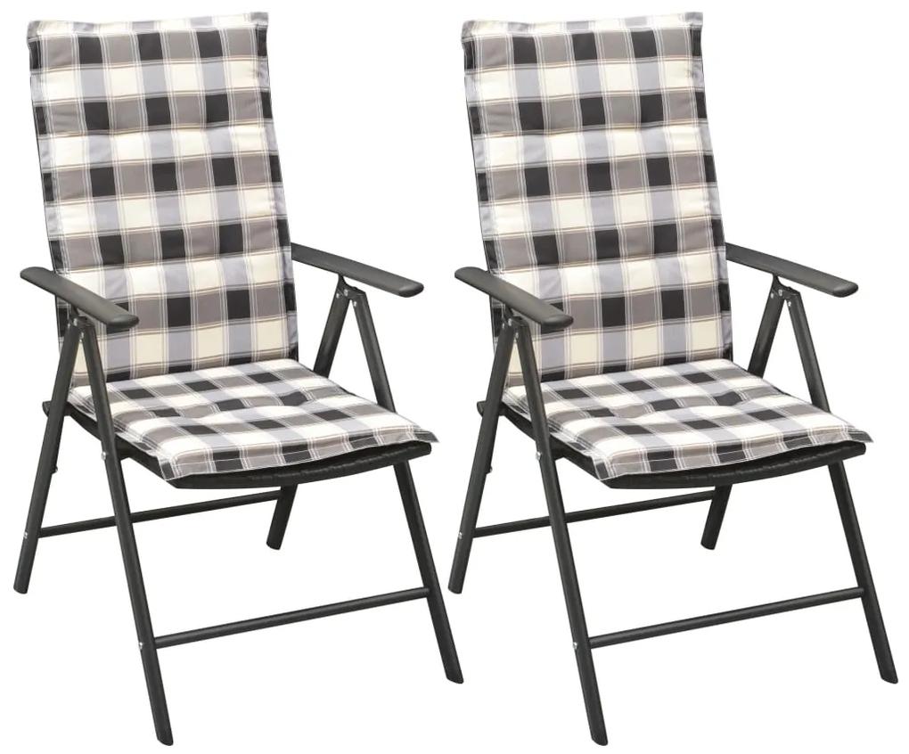 vidaXL Čierne záhradné stoličky s vankúšmi, 2 ks, polyratan a hliník