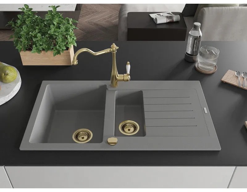 Mexen Matias, granitový drez 900x505x200 mm, 1,5-komorový a drezová batéria Carla, šedá, 6502-71-670700-50