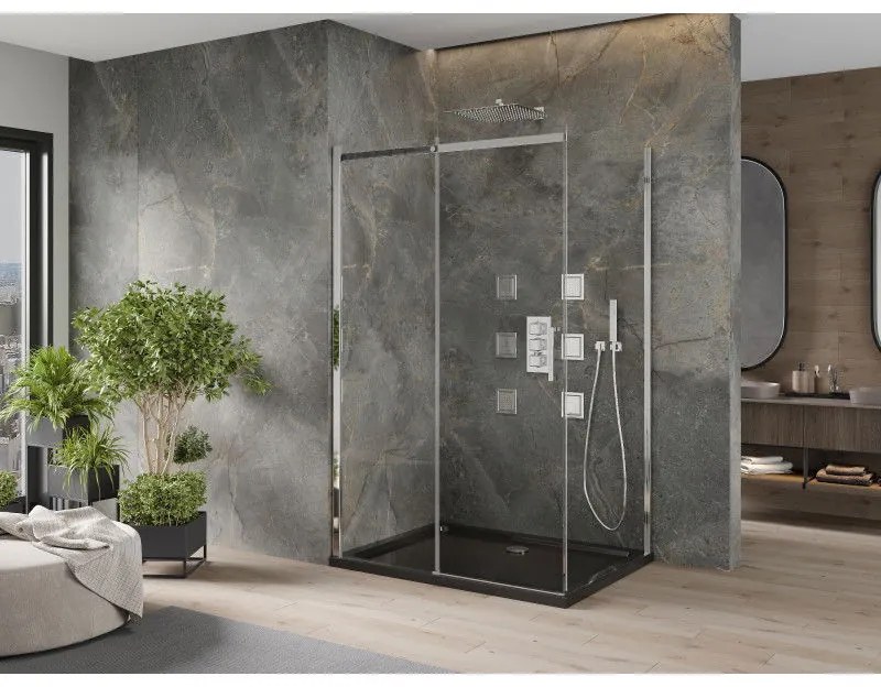 Mexen Omega, sprchový kút s posuvnými dverami 100 (dvere) x 90 (stena) cm, 8mm číre sklo, chrómový profil + slim sprchová vanička čierna + chrómový sifón, 825-100-090-01-00-4070