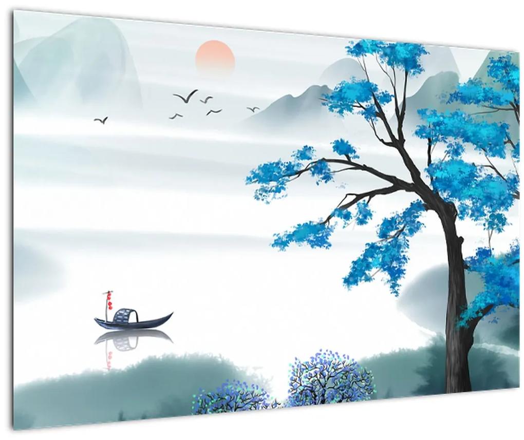 Obraz - Maľované jazero s loďkou (90x60 cm)