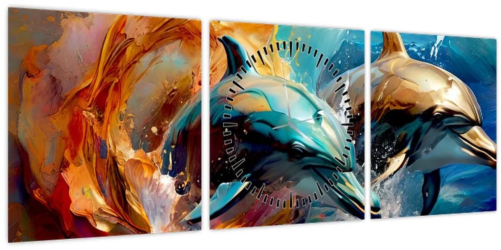 Obraz - Maľba delfínov (s hodinami) (90x30 cm)