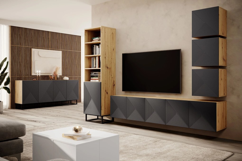 Závesná RTV skrinka Asha 200 cm s ryhovaným frontom - dub artisan / rivier stone mat