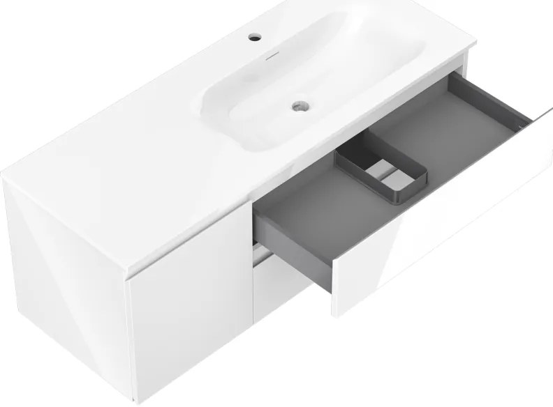 Mexen Orio, kúpeľňová skrinka 120 cm s pravým umývadlom Vela, 2S, 1D, biela lesklá, 91A13-12047-3-BBFFF00-W23P00