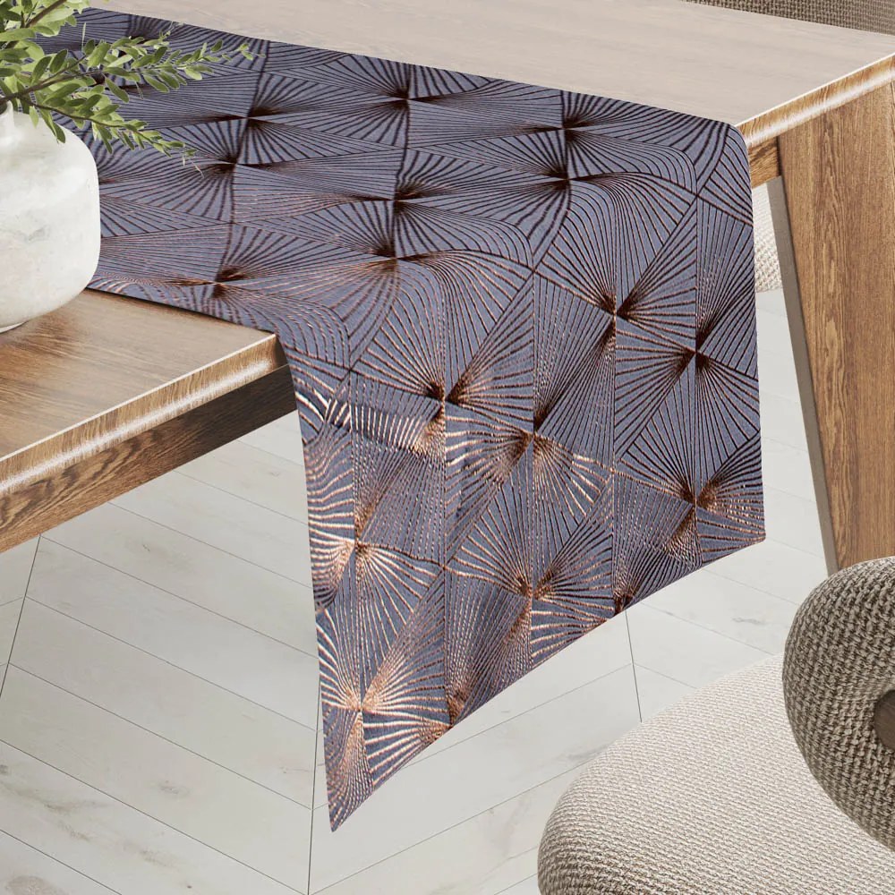 Biante Zamatový behúň na stôl Isabela IBL-003 Rose Gold trojuholníky na sivom 35x180 cm